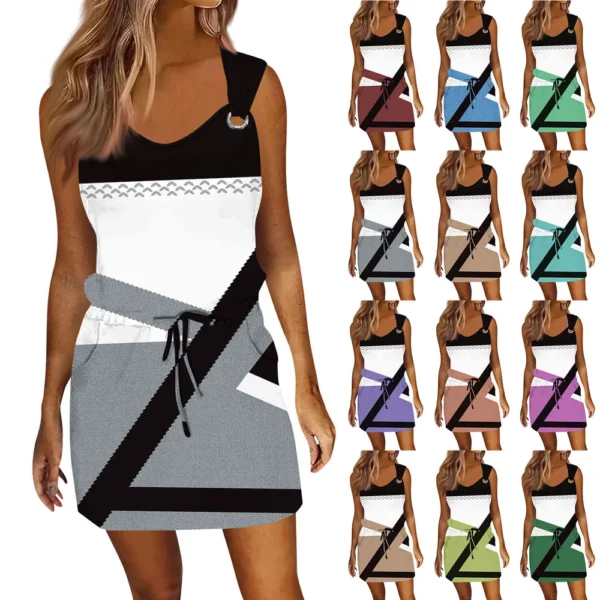 Women's Fashion Casual Printed Sleeveless Drawstring Dress With Pockets
