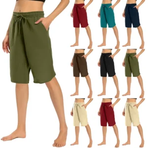 Womens Casual Cotton Hemp High Waist Drop Wide Legs With Drawstring Fifth Pants