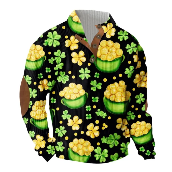 Knit Printed 3 Button - Corduroy Men's Standing Collar Pocket Sweatshirt - Image 9