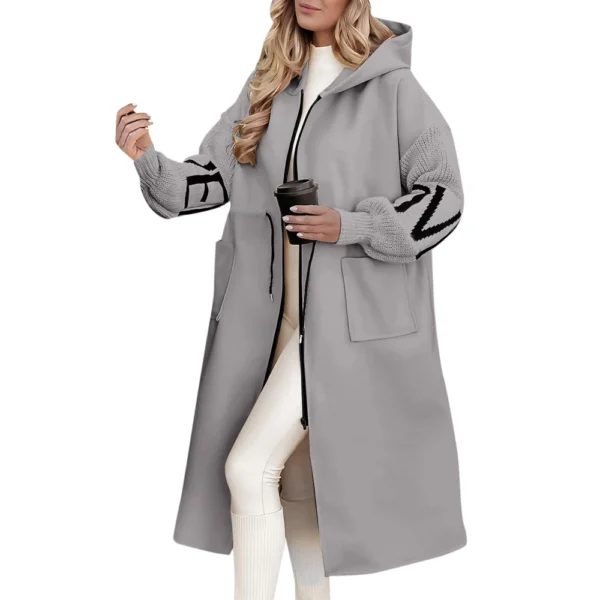 Women's  Solid Color Hooded Long Sleeve Knitted Sleeves Patchwork Casual Zip - Image 4