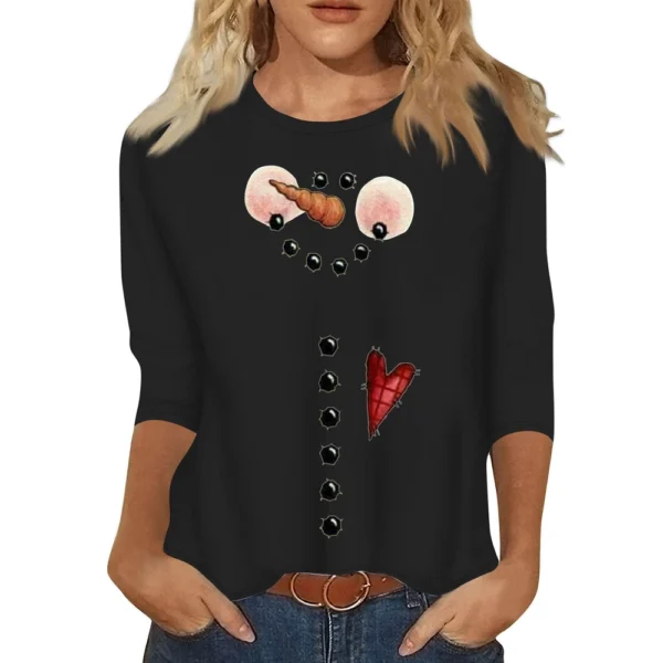 Ladies Casual Christmas Printed Top Round Neck 3/4 Sleeve Loose Women's T-Shirt - Image 14