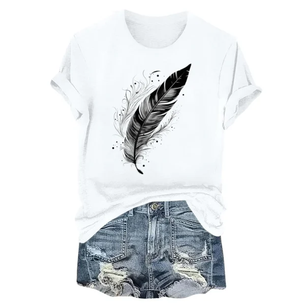 Women's Fashion Printed Casual Pleated Round Short Sleeve T-Shirt Top - Image 7