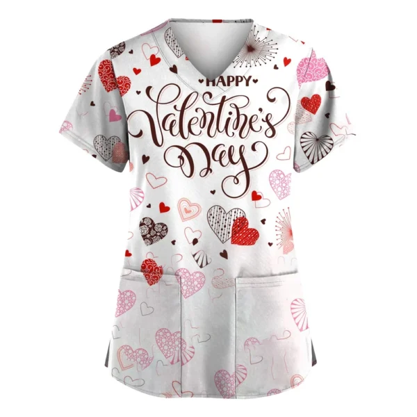 Women's Valentine's Day Printed  Uniform Work Uniform V-Neck Pocket Protective - Image 28