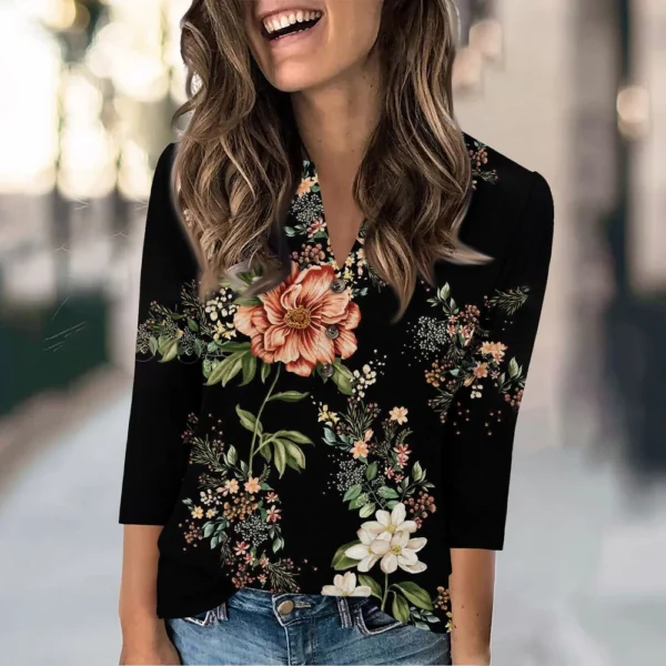 Women's Fashion Casual Loose 3/4 Sleeve Printed Round Neck Top - Image 33