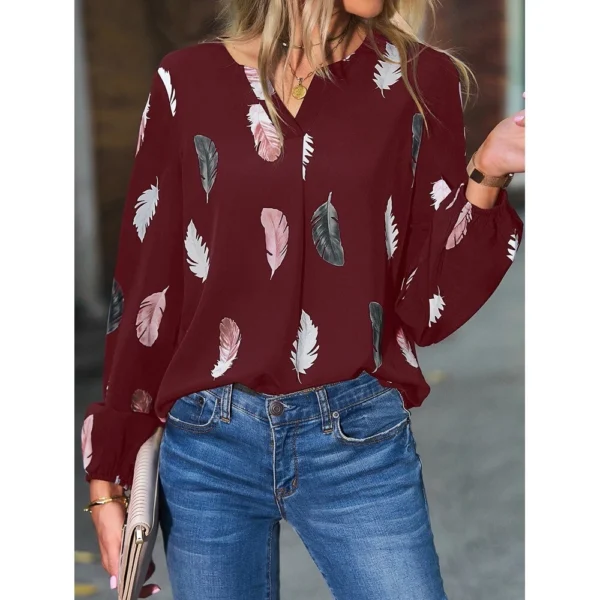 V-neck printed long-sleeved loose T-shirt women's top - Image 9