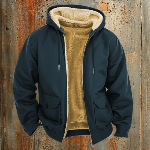 Men's Casual Zippered Pocket Hooded Jacket Men's Solid Color Fashion Warm Jacket - Image 19