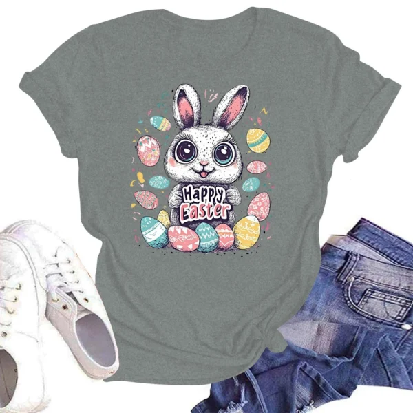 Happy Easter Women's Fashion Printed Round Neck Short Sleeve T-Shirt Pullover - Image 19