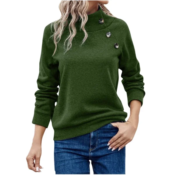 Women's Fashion Casual Solid Color High-neck Button Loose Long-sleeved Hoodie - Image 6