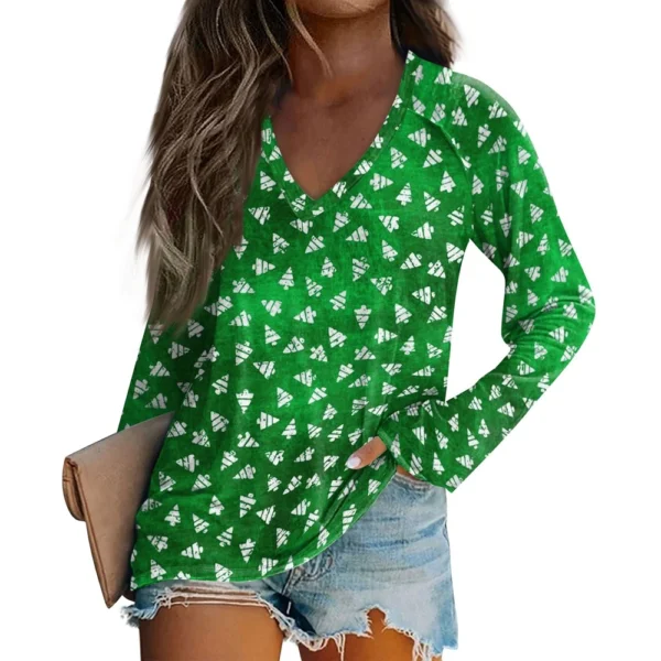Women's Casual V-Neck Printed Long Sleeved Top Comfortable Christmas T-Shirt - Image 20