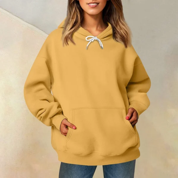 Ladies' Fashionable Casual Long Sleeved Round Neck Hooded Solid Color Hoodie - Image 34