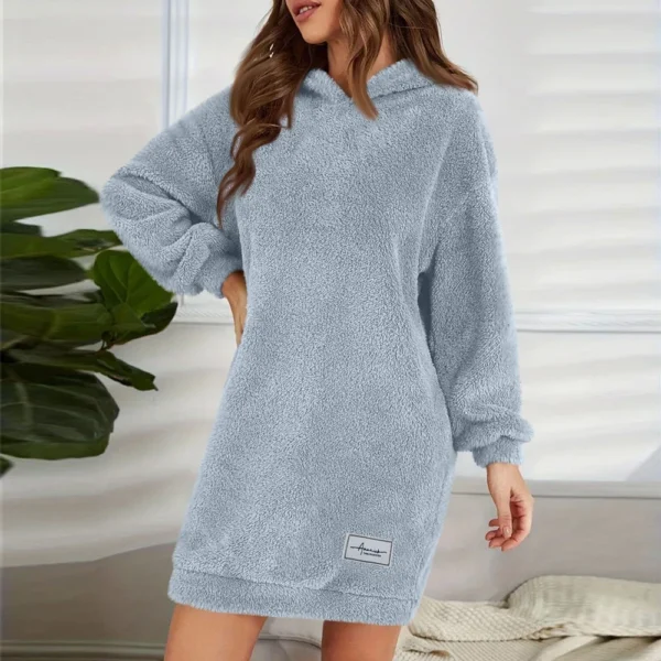 Women's Fashion Hooded Long Sleeve Plush Dress Solid Color Casual Sweatshirt - Image 33