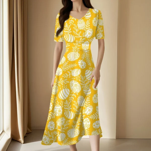 Ladies Casual Fashion Gradient Print V-Neck Short Sleeve Waist Long Swing Dress - Image 28