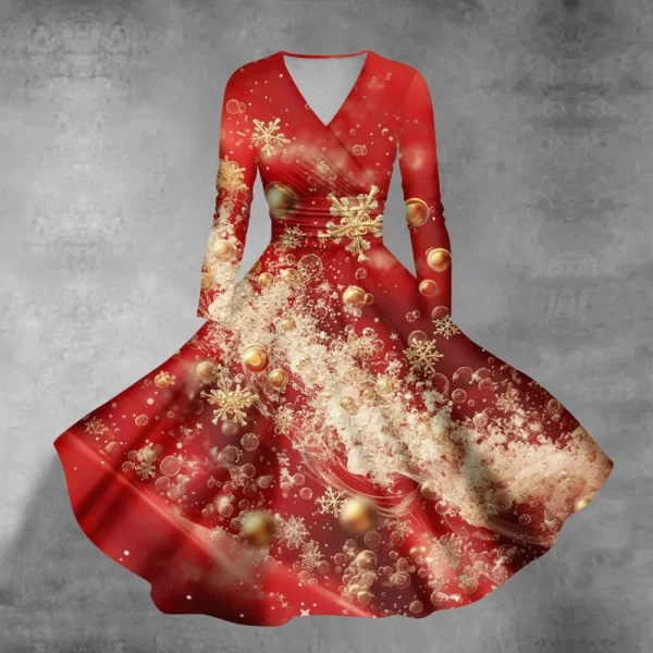 Women's Casual V-Neck Slim Fashion Christmas Long Sleeve Printed Dresses - Image 58