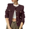 Women's Solid Color Round Neck Fashionable Button Decorated Short Jaket - Image 52