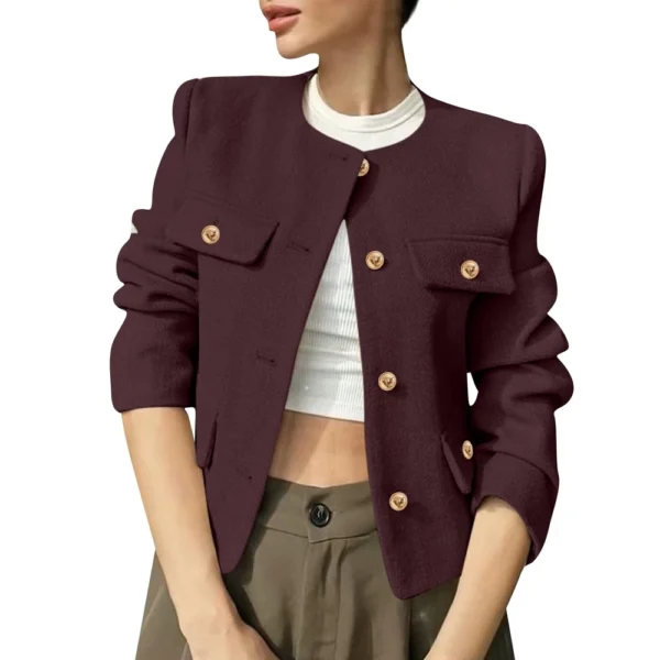 Women's Solid Color Round Neck Fashionable Button Decorated Short Jaket - Image 52