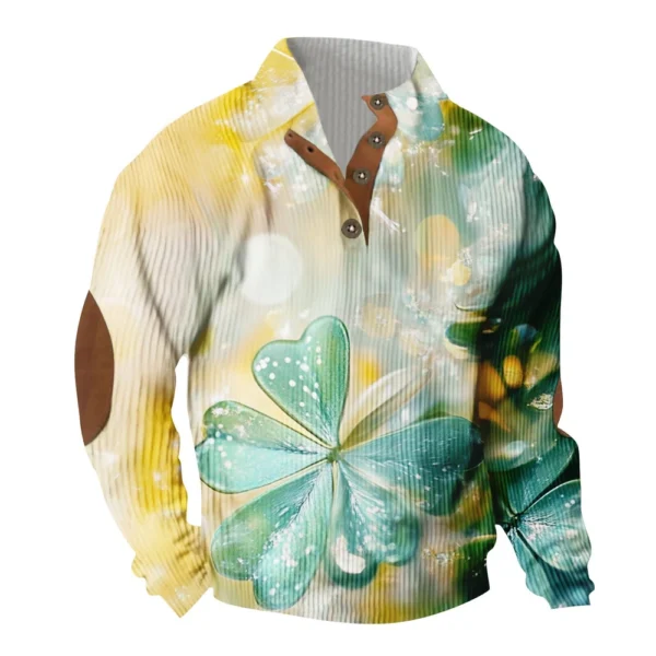 Knit Printed 3 Button - Corduroy Men's Standing Collar Pocket Sweatshirt - Image 2