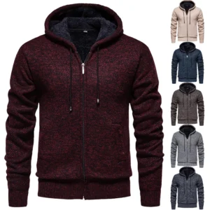Men's Sweater With Thick Velvet Casual Knit Sweater, Fashionable Hooded Jacket
