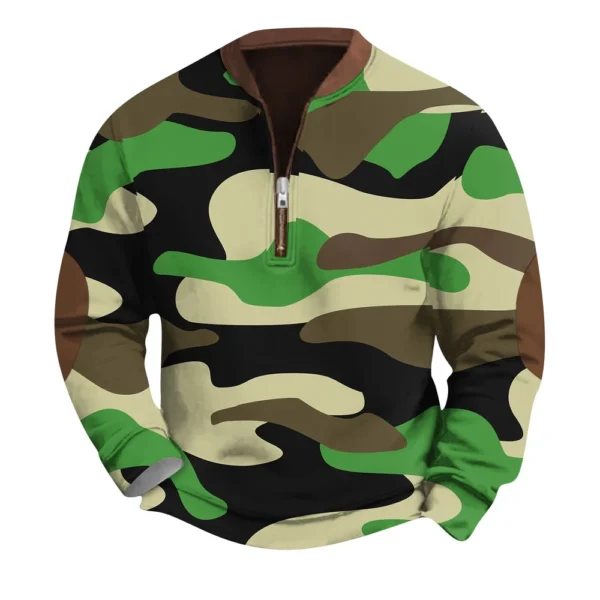 Men's Fashion Casual Half Zip Neck Loose Long Sleeve Camouflage Sweatshirt - Image 23
