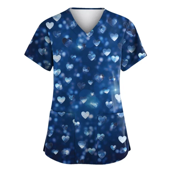 Women's Valentine's Day Printed  Uniform Work Uniform V-Neck Pocket Protective - Image 3