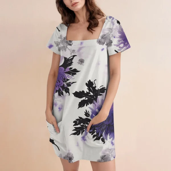 Women's Square Collar Short Sleeve Fashion Skirt Floral Print Pocket Casual - Image 28