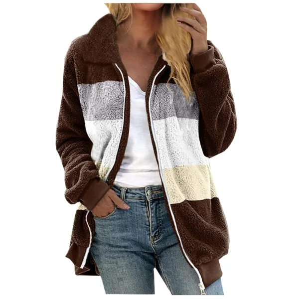 Women's Casual Color Blocking Loose Plush Zippered Flip Collar Jacket With - Image 9