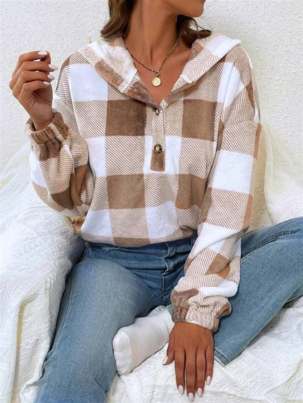 Button Hooded Plush Loose Casual Sweater Women's Clothing - Image 11