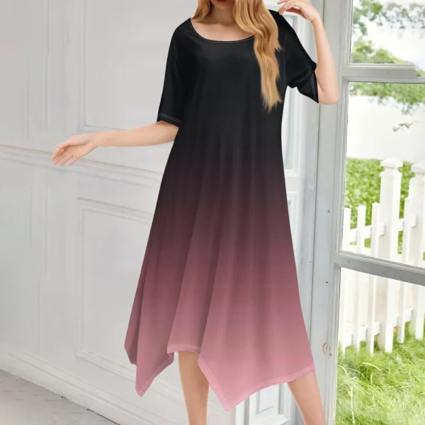 Women's Casual Fashion Round Neck Short Sleeve Print Irregular Hem Midi Dress - Image 22
