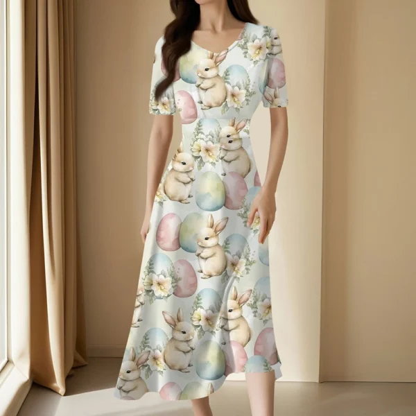 Ladies Casual Fashion Gradient Print V-Neck Short Sleeve Waist Long Swing Dress - Image 19