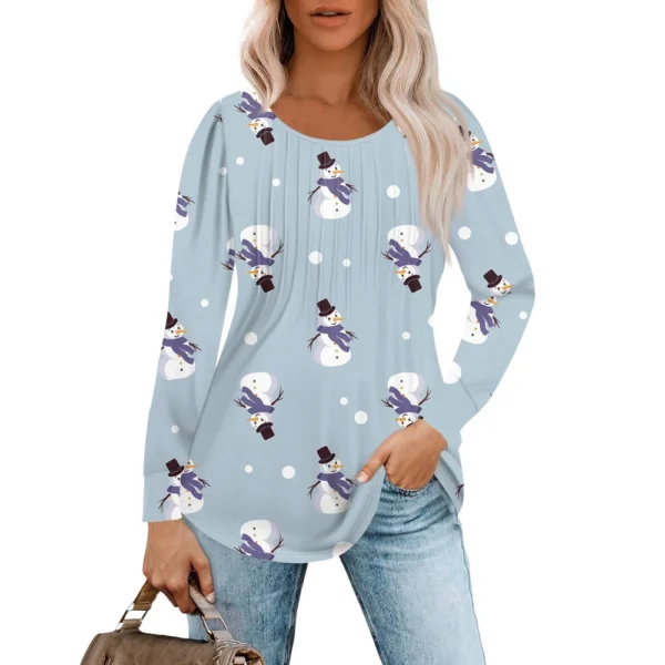 Women's Christmas Printed Top Round Neck Casual Pleated Long Sleeved T-Shirt - Image 34