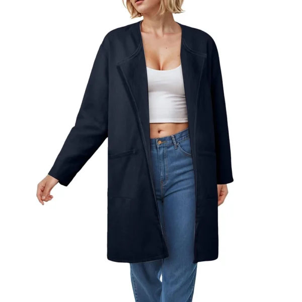 Ladies Solid Color Lapel Cardigan Tweed Cotton Coat Long Sleeve Jacket With - Image 3