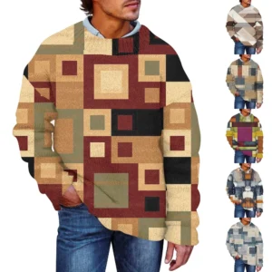 Men'S Printed Synthetic Sweater Round Neck Sportswear Loose Long Sleeved Top