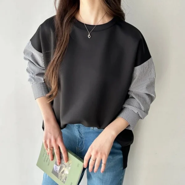 Striped Plaid Sleeves Splicing Long Sleeve Shirt Top - Image 4