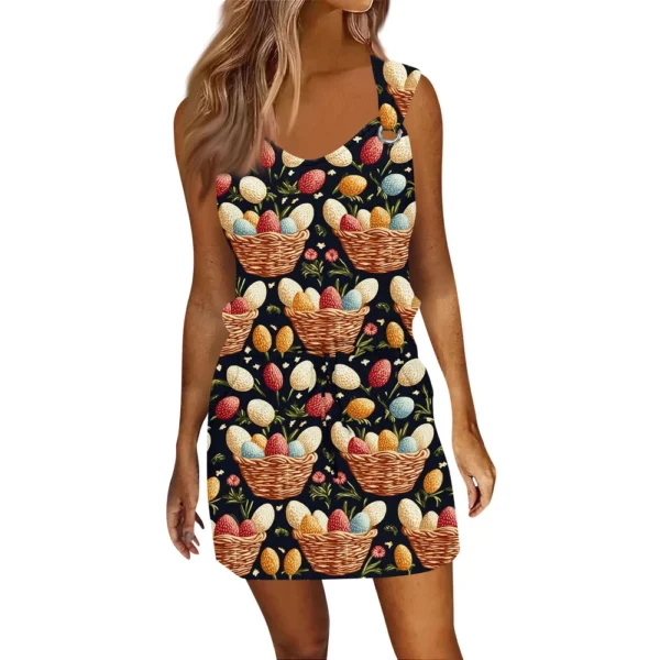 Women's Fashion Casual Easter Printed Sleeveless Drawstring Dress With Pockets - Image 8