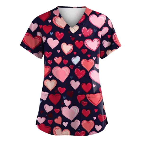 Women's Valentine's Day Printed  Uniform Work Uniform V-Neck Pocket Protective - Image 41