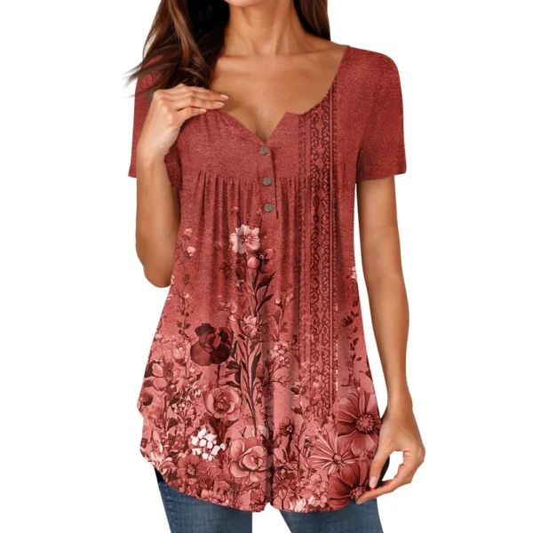 Women Tunic Tops Dressy Casual Summer Short Sleeve Shirts Loose Fit Pleated - Image 41