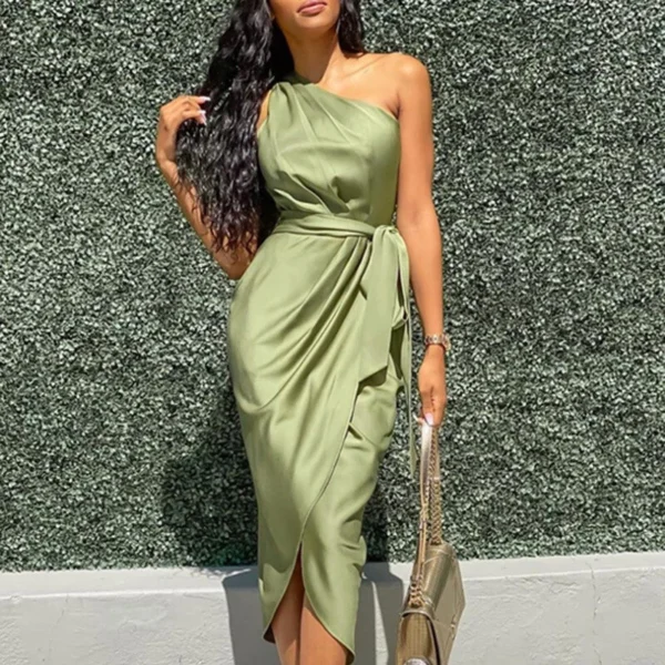 Women's long dress slanted shoulder slim satin dress - Image 15