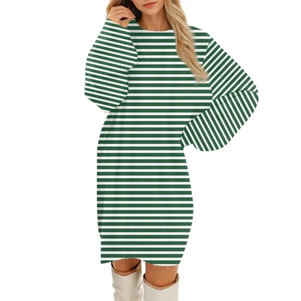 Women's Round Neck Casual Long Sleeve Plush Gradient Stripe Dresses - Image 10