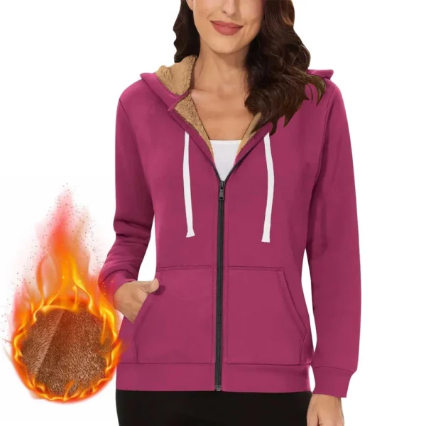 Lined Jacket Women Flannel Winter Warm Fleece Zip Up Hooded With Side Pockets - Image 2