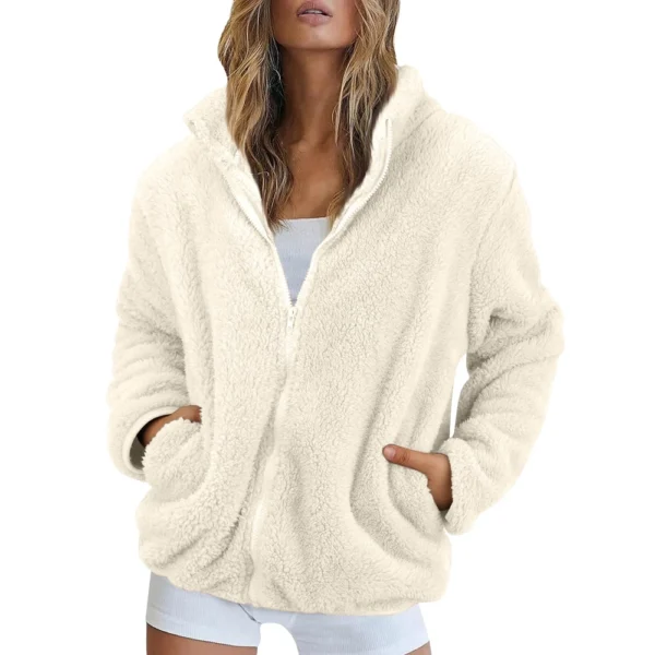 Women's Solid Color Loose High Neck Long Fleece Plush Warm Zipper Jacket - Image 14
