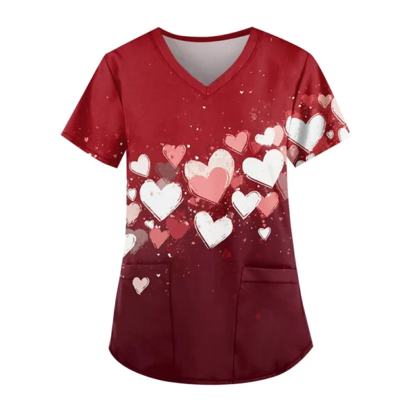Women's Cute Printed Work Clothes V-neck Double Layer Pockets Basic Short - Image 23