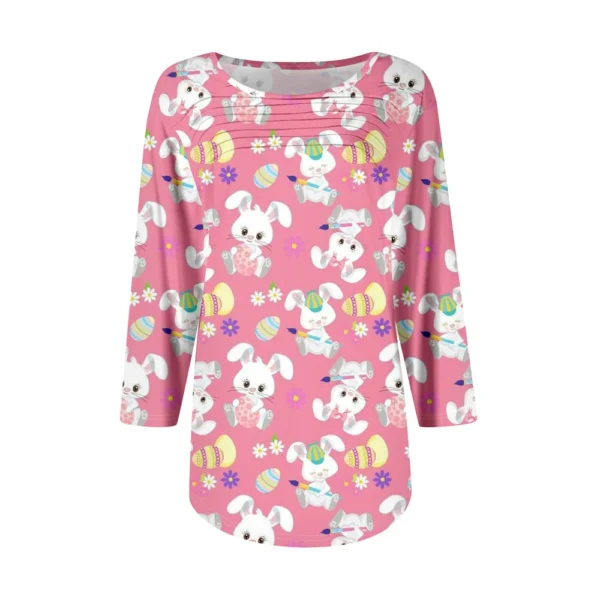 Women's Fashion Round Neck Pleated Front Placket Print 3/4 Sleeve Top - Image 11