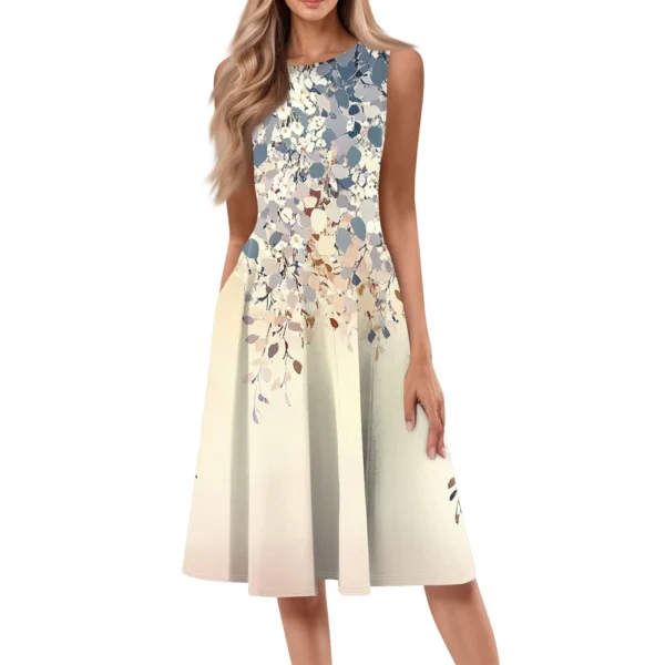 Women's Casual Fashion Floral Print Round Neck Sleeveless Solid Color Midi Dress - Image 3