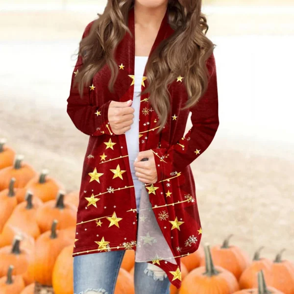 Women's Printed Cardigan Christmas Jacket Fashion Casual Medium Length Coat - Image 28