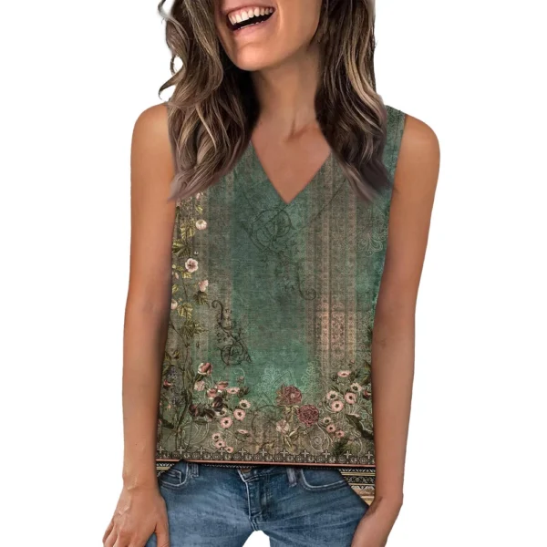Tank Top Women Casual Printed Soft Summer V Neck Sleeveless Tops - Image 9