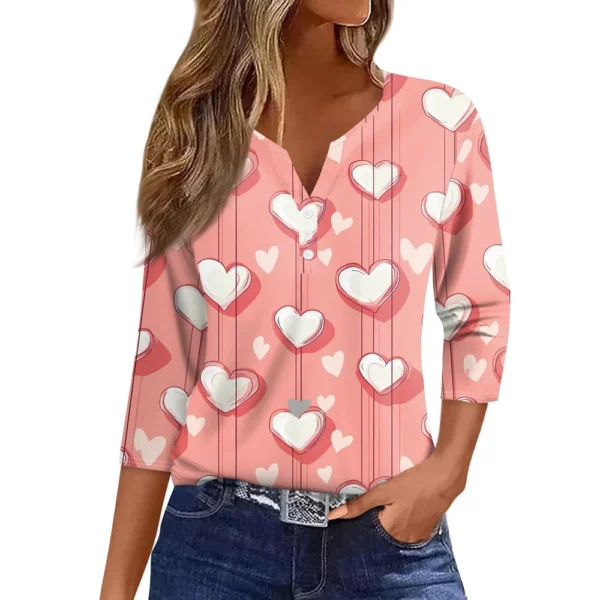 Women's T Shirt Tee Valentine's Day Print Button 3/4 Sleeve Daily Weekend - Image 3