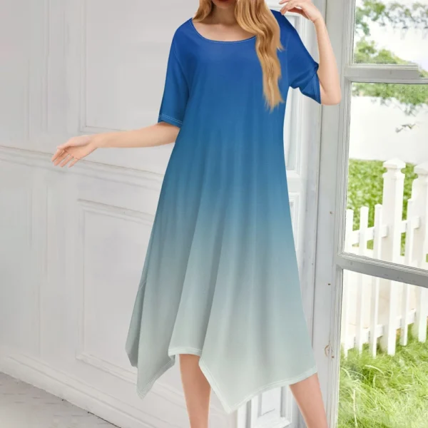 Women's Casual Fashion Round Neck Short Sleeve Print Irregular Hem Midi Dress - Image 16