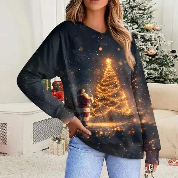 Women's Casual Fashion Comfortable Raglan Sleeve V-Neck Christmas Print - Image 31