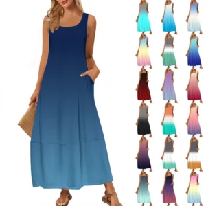 Women's Casual Floor-length Summer Beach Dress Loose Gradient Print Sundress.