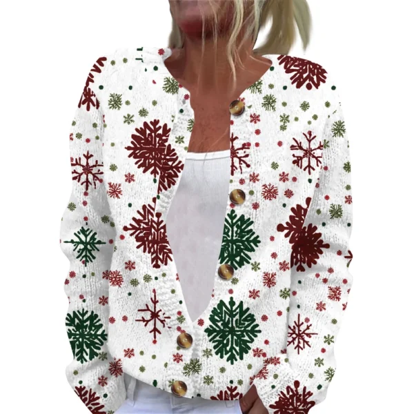 Women's Fashion Christmas Printed Long Sleeve Knitted Cardigan Button Down - Image 12