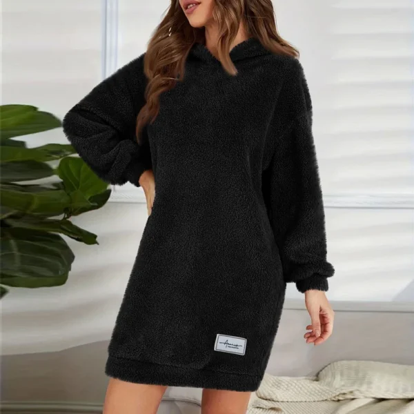 Women's Fashion Hooded Long Sleeve Plush Dress Solid Color Casual Sweatshirt - Image 16
